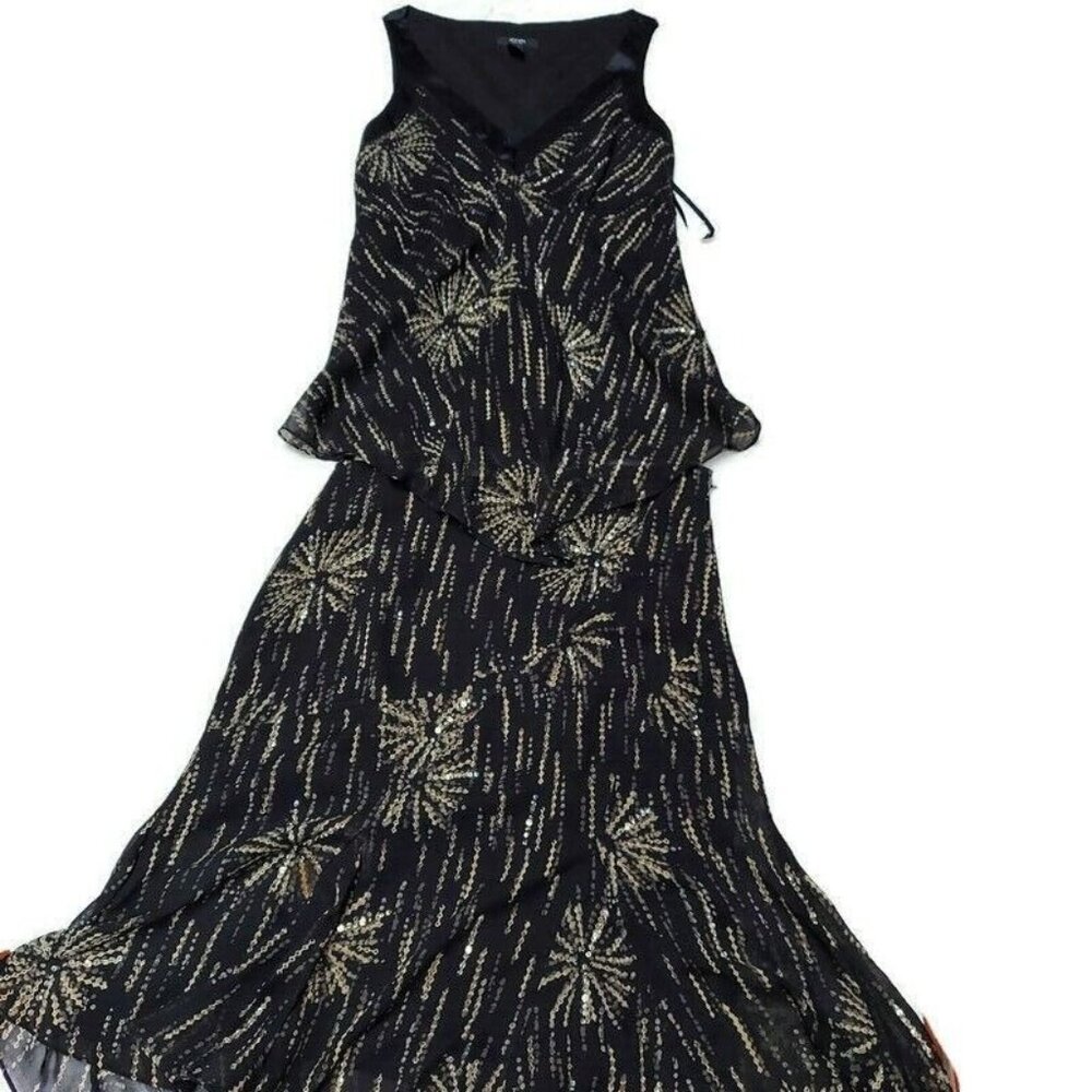 Alfani Petite Women 10P Silk Black Gold Sequin Blouse & Flared Skirt Set 2-Piece